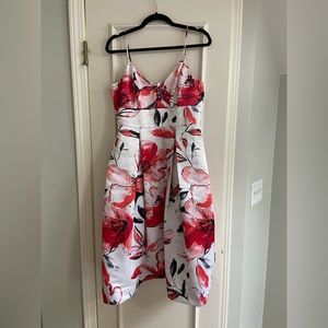 Parker Black Satin Cocktail Floral Midi-Dress